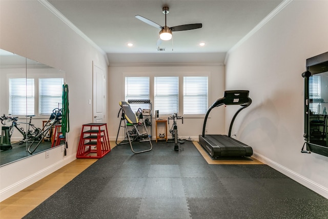 12492 Palmer Dr, Fort Worth, TX 76179 - exercise area featuring crown molding, ceiling fan, recessed lighting, baseboards, and visible vents