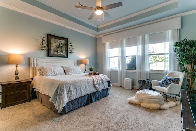 12492 Palmer Dr, Fort Worth, TX 76179 - bedroom featuring crown molding, ceiling fan, light carpet, and a tray ceiling