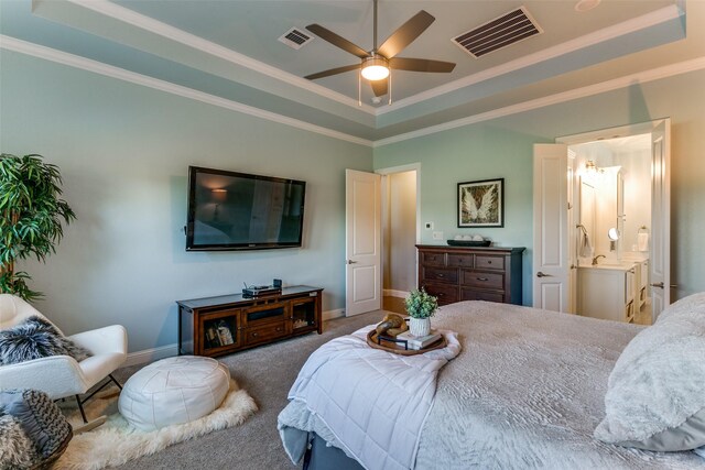 12492 Palmer Dr, Fort Worth, TX 76179 - bedroom with visible vents, crown molding, baseboards, a tray ceiling, and carpet flooring