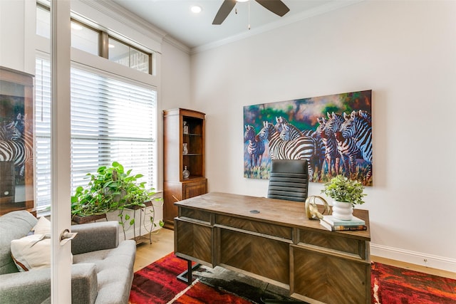 12492 Palmer Dr, Fort Worth, TX 76179 - home office featuring baseboards, ornamental molding, ceiling fan, and wood finished floors