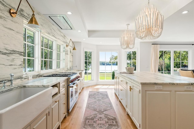 kitchen featuring double oven range, a sink, and plenty of natural light
