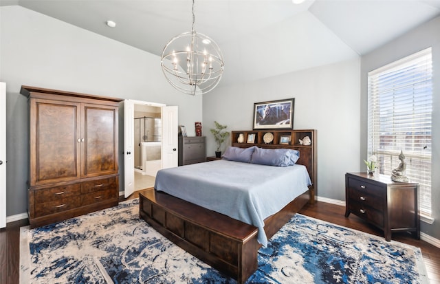 420 Westminster Dr, Lewisville, TX 75056 - bedroom featuring baseboards, lofted ceiling, wood finished floors, and a notable chandelier