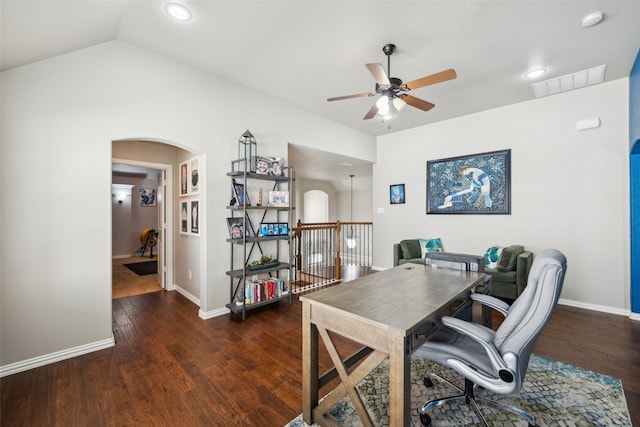 420 Westminster Dr, Lewisville, TX 75056 - office featuring ceiling fan, arched walkways, baseboards, wood finished floors, and visible vents