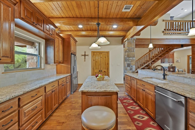 kitchen featuring a sink, stainless steel appliances, light wood-style floors, visible vents, and wood ceiling