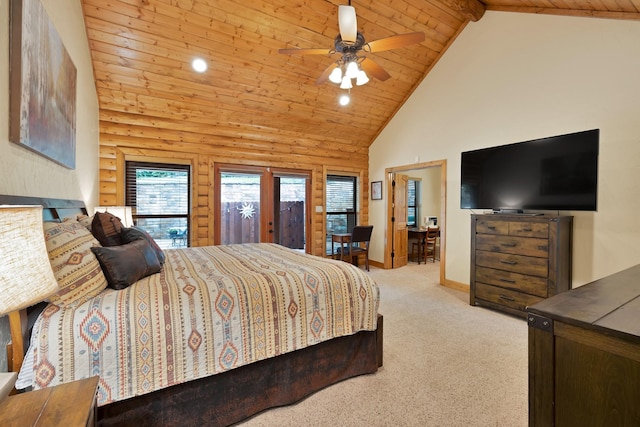 bedroom with wood ceiling, high vaulted ceiling, access to exterior, and carpet flooring