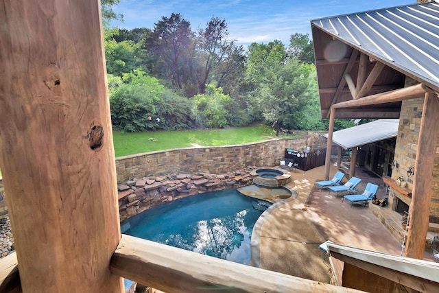 view of swimming pool with a yard, a patio, and a fenced in pool