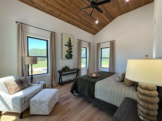 bedroom featuring wood finished floors, recessed lighting, high vaulted ceiling, and wooden ceiling