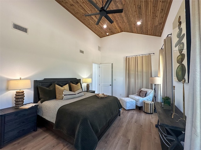 bedroom featuring visible vents, wood finished floors, high vaulted ceiling, and wood ceiling