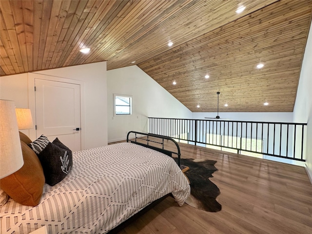 bedroom featuring recessed lighting, wood finished floors, wood ceiling, vaulted ceiling, and baseboards