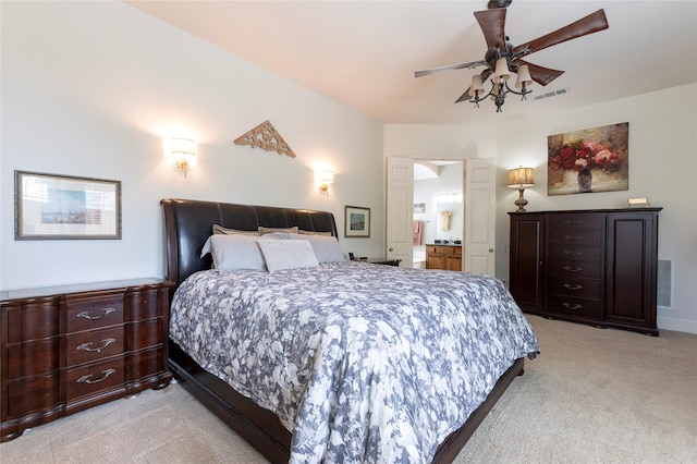 2621 Timberhollow Dr, Little Elm, TX 75068 - bedroom featuring visible vents, ensuite bathroom, a ceiling fan, and light colored carpet