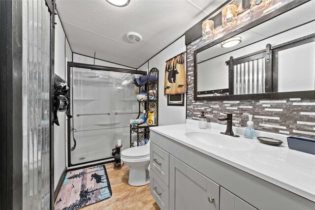 4991 Thunderbird Dr, May, TX 76857 - bathroom featuring a shower stall, vanity, toilet, vaulted ceiling, and a textured ceiling