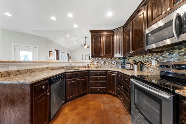516 Celeste Dr, Robinson, TX 76706 - kitchen featuring stainless steel appliances, finished concrete flooring, tasteful backsplash, ceiling fan, and recessed lighting