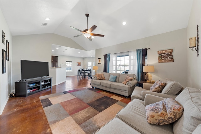 516 Celeste Dr, Robinson, TX 76706 - living area featuring a ceiling fan, lofted ceiling, recessed lighting, and finished concrete flooring