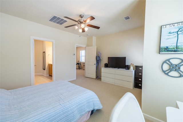 bedroom with light colored carpet, visible vents, ceiling fan, and baseboards