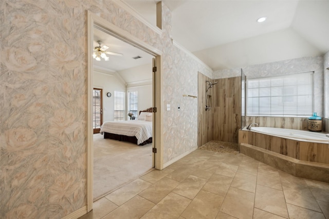 bathroom featuring a bath, walk in shower, connected bathroom, ornamental molding, and lofted ceiling
