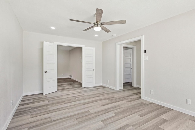 unfurnished bedroom featuring recessed lighting, a ceiling fan, baseboards, and light wood-style floors