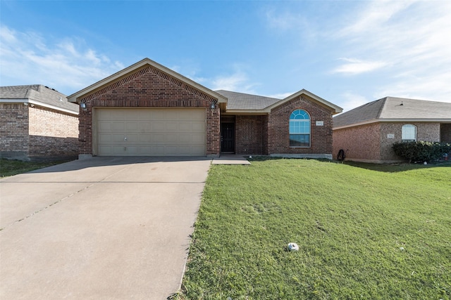 ranch-style house with brick siding, a front lawn, driveway, and an attached garage