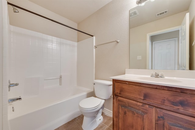 bathroom with vanity, tile patterned floors, toilet, visible vents, and shower / washtub combination