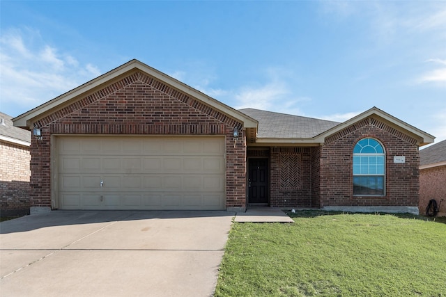 single story home with brick siding, a front lawn, concrete driveway, and an attached garage