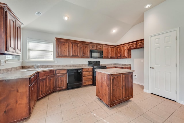 kitchen with lofted ceiling, light tile patterned floors, a sink, light countertops, and black appliances