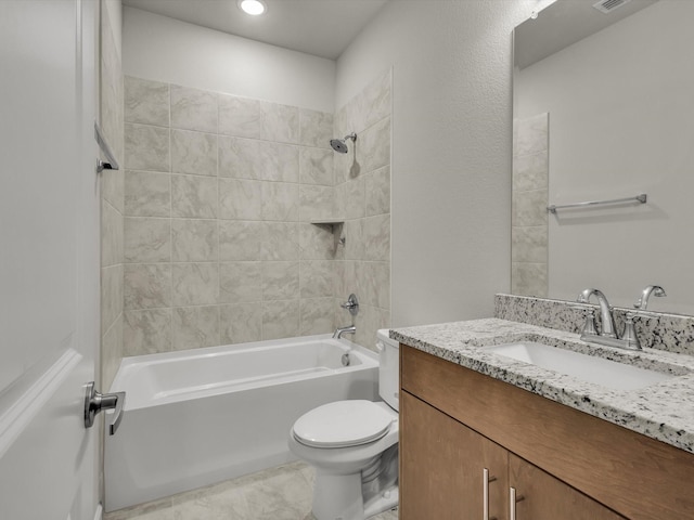 full bathroom with vanity, toilet, recessed lighting, and tub / shower combination