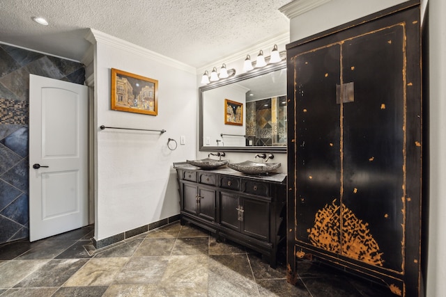 403 Hilltop, Trophy Club, TX 76262 - full bathroom featuring a sink, crown molding, double vanity, baseboards, and a textured ceiling