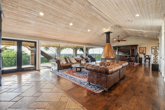 403 Hilltop, Trophy Club, TX 76262 - living room featuring ceiling fan, wooden ceiling, recessed lighting, vaulted ceiling, and french doors