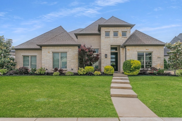 french country inspired facade with roof with shingles, a front yard, and stone siding