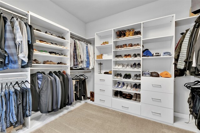 walk in closet with light carpet