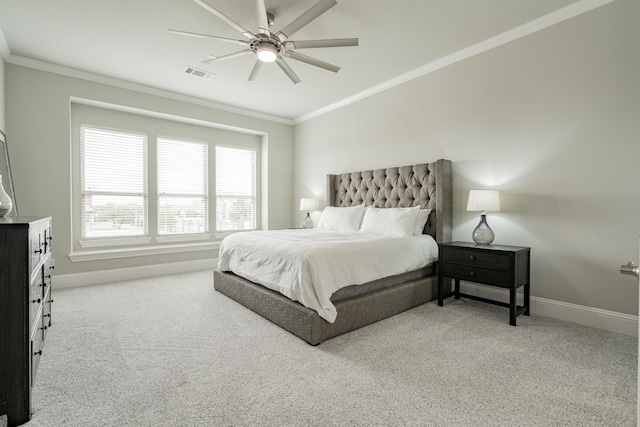 505 Eloise Dr, Heath, TX 75032 - bedroom featuring crown molding, visible vents, ceiling fan, baseboards, and carpet