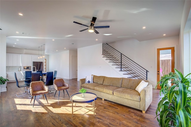 6702 Tyree St, Dallas, TX 75209 - living area featuring stairs, wood finished floors, recessed lighting, and ceiling fan