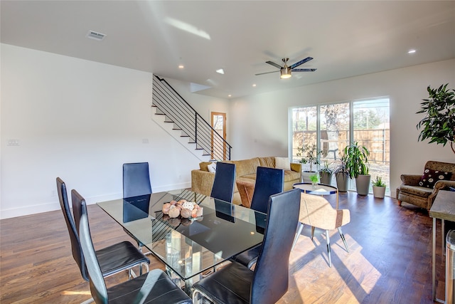 6702 Tyree St, Dallas, TX 75209 - dining room featuring a ceiling fan, wood finished floors, stairs, recessed lighting, and baseboards