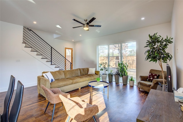 6702 Tyree St, Dallas, TX 75209 - living room with a ceiling fan, dark wood-style floors, stairs, recessed lighting, and baseboards