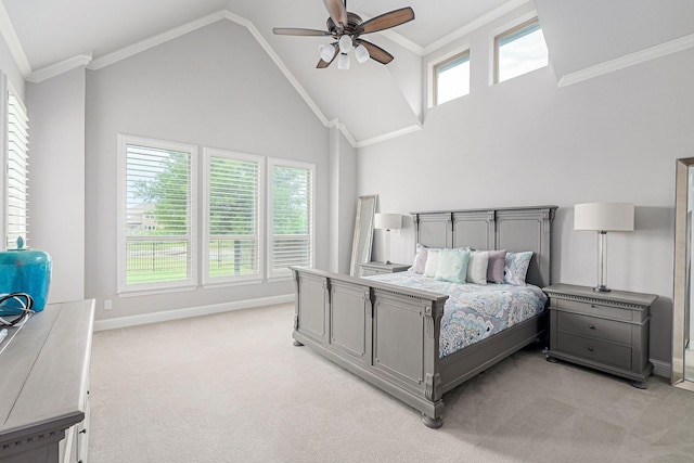 bedroom featuring baseboards, light colored carpet, and lofted ceiling