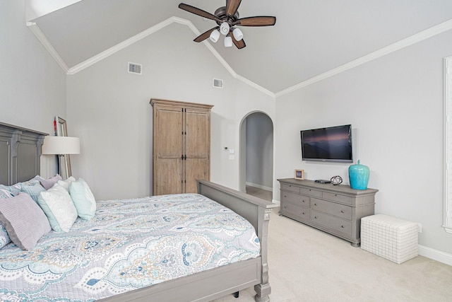 bedroom featuring visible vents, arched walkways, high vaulted ceiling, and light carpet
