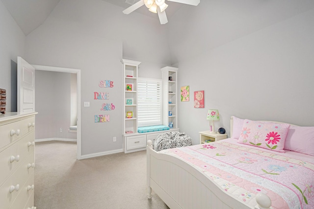 bedroom featuring baseboards, light carpet, ceiling fan, and high vaulted ceiling