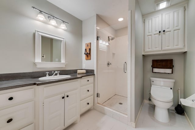 334 Pleasant Acres Rd, Rockwall, TX 75087 - full bath featuring tile patterned flooring, toilet, vanity, baseboards, and a stall shower