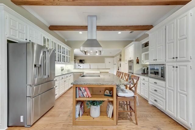 334 Pleasant Acres Rd, Rockwall, TX 75087 - kitchen featuring stainless steel appliances, open shelves, and beamed ceiling