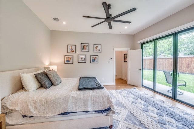 bedroom with visible vents, recessed lighting, light wood finished floors, and access to exterior