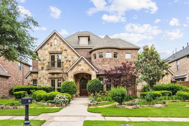 1233 Deer Lake Dr, Frisco, TX 75036 - tudor-style house featuring a balcony, stone siding, french doors, and a front lawn