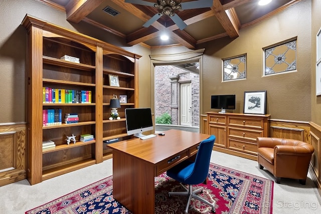 1233 Deer Lake Dr, Frisco, TX 75036 - office area featuring a ceiling fan, coffered ceiling, a wainscoted wall, beamed ceiling, and light carpet