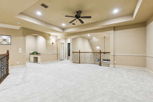 1233 Deer Lake Dr, Frisco, TX 75036 - unfurnished room with light carpet, a ceiling fan, a raised ceiling, and recessed lighting