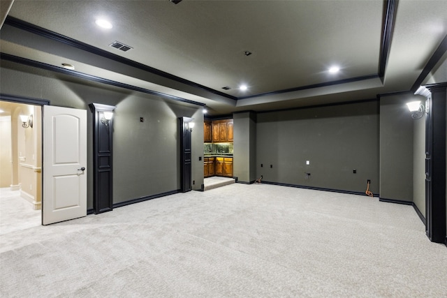 1233 Deer Lake Dr, Frisco, TX 75036 - home theater featuring decorative columns, a tray ceiling, light carpet, baseboards, and recessed lighting