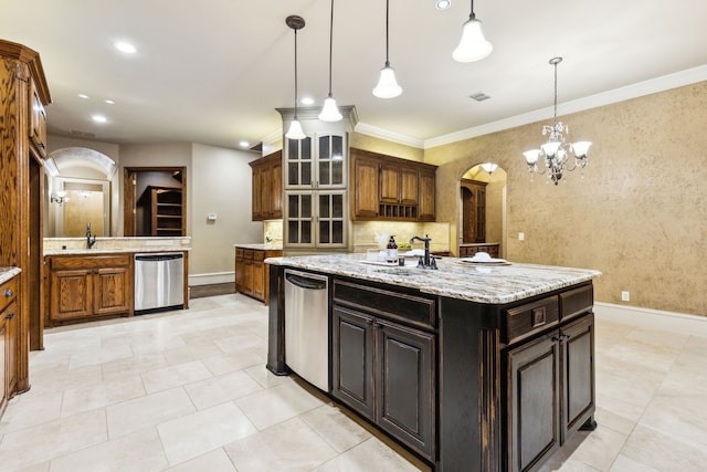 1233 Deer Lake Dr, Frisco, TX 75036 - kitchen featuring a notable chandelier, stainless steel dishwasher, arched walkways, and a sink