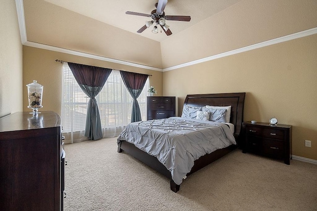 bedroom with baseboards, ornamental molding, ceiling fan, and carpet floors