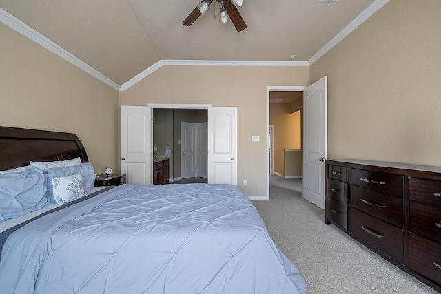 bedroom with ceiling fan, light carpet, baseboards, ornamental molding, and lofted ceiling