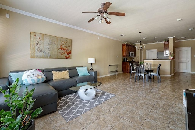 living room featuring recessed lighting, light tile patterned floors, ceiling fan with notable chandelier, baseboards, and crown molding