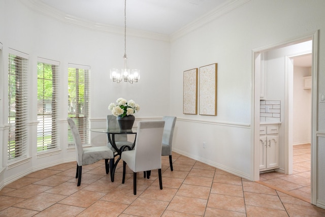 4703 El Brevo Ct, Arlington, TX 76017 - dining area featuring a healthy amount of sunlight, light tile patterned floors, a notable chandelier, and crown molding