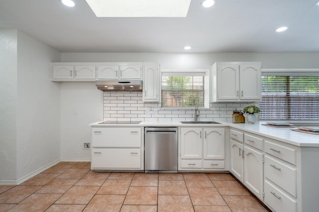 4703 El Brevo Ct, Arlington, TX 76017 - kitchen with a sink, under cabinet range hood, black electric cooktop, a peninsula, and stainless steel dishwasher