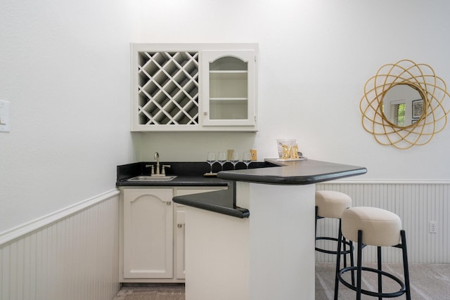 4703 El Brevo Ct, Arlington, TX 76017 - bar featuring carpet floors, a wainscoted wall, indoor wet bar, and a sink